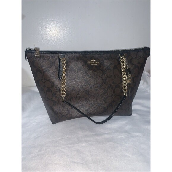 Women's Coach bag  Ava Chain Tote Signature Canvas in Brown/Black Authentic - Picture 2 of 15